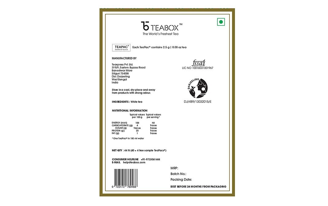 Teabox Darjeeling White Tea    Box  40 pcs